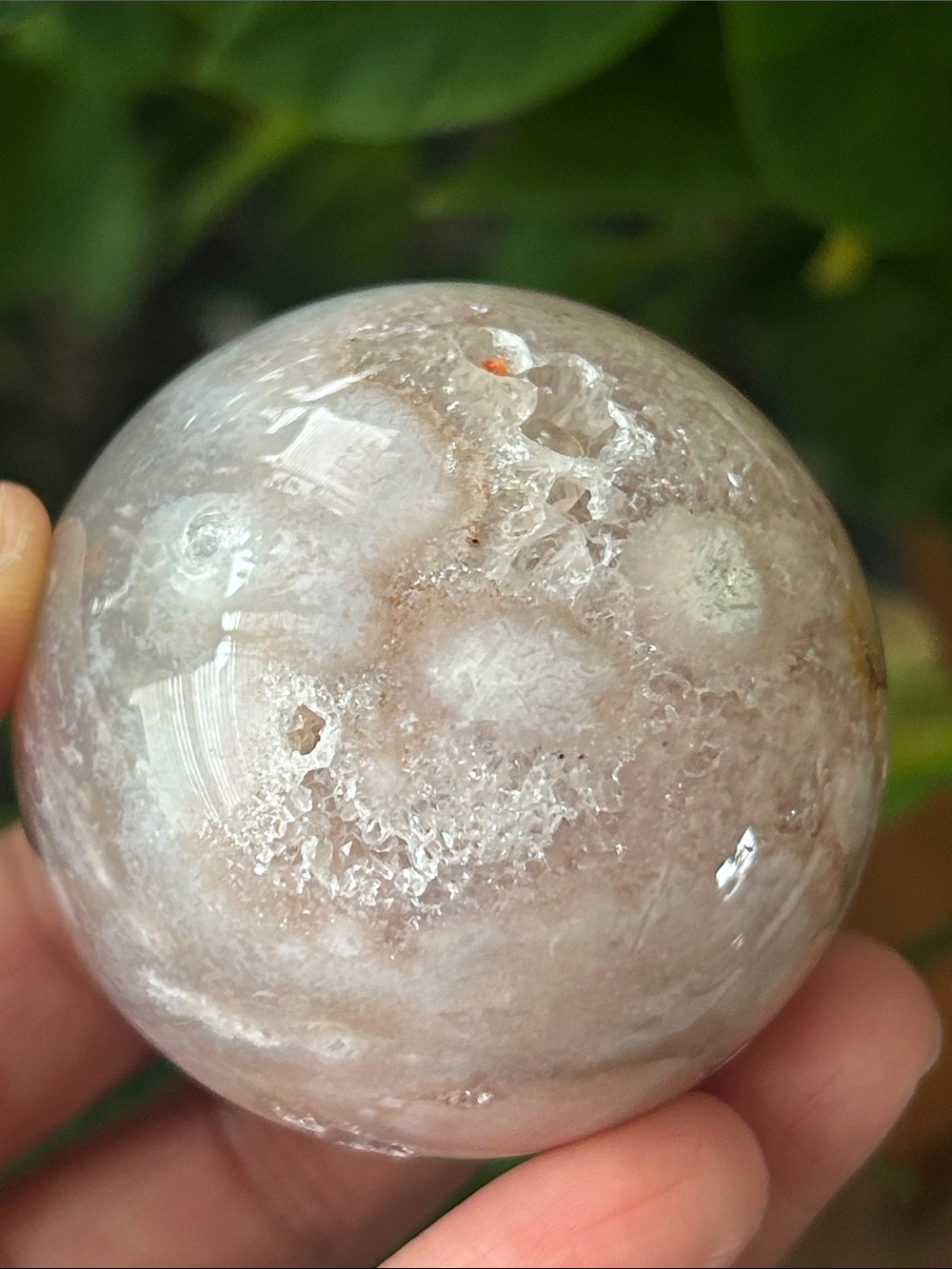💎 Polished Pink Flower Agate with Druzy Crystal Sphere 50mm